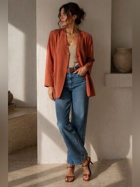 Vintage Sandwashed Silk Jacket Terracotta Fluid Blazer Minimalist 90s